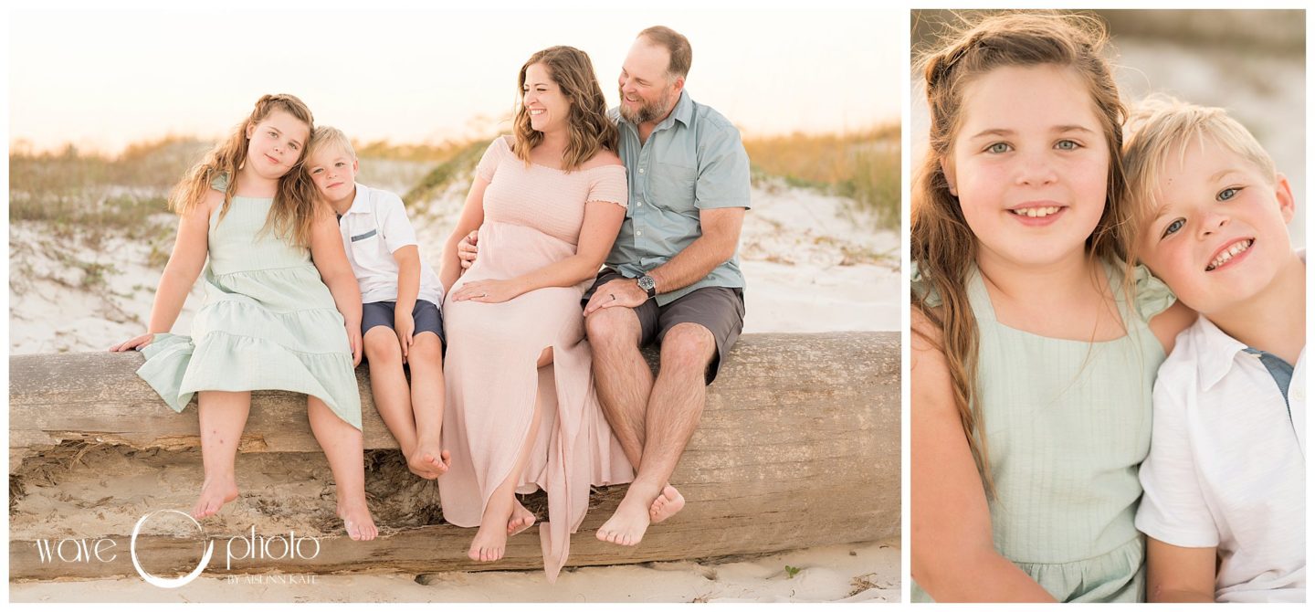 family-sitting-on-log-siblings-smiling-fort-pickens-florida