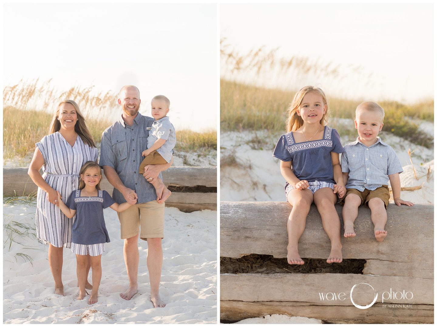 kids-sitting-on-log-family-photo-on-beach-fort-pickens-florida