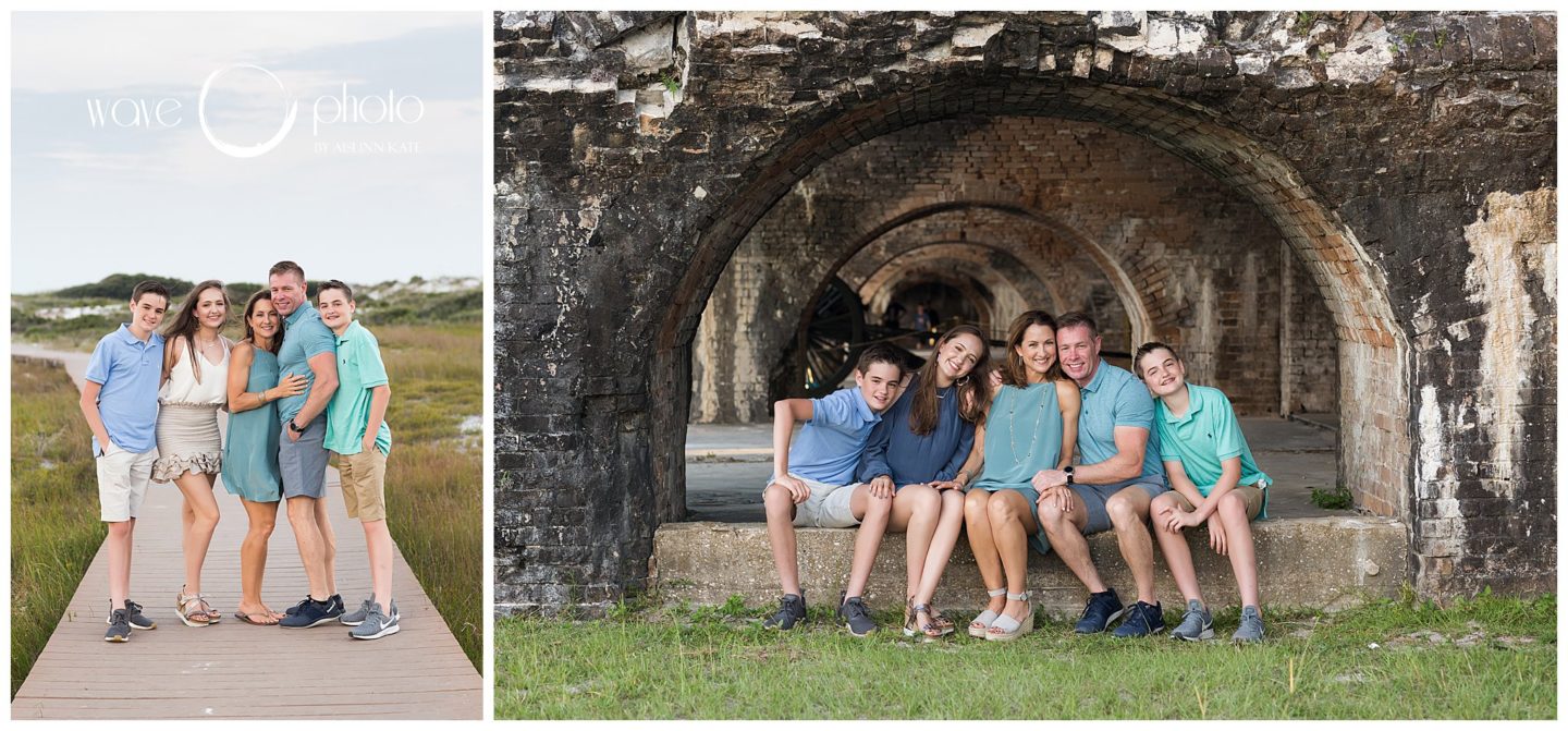 family-photo-on-boardwalk-in-tunnels-fort-pickens-florida